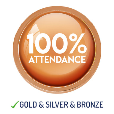 HIGH QUALITY METAL BRONZE 100% ATTENDANCE ROUND BADGE - 22mm