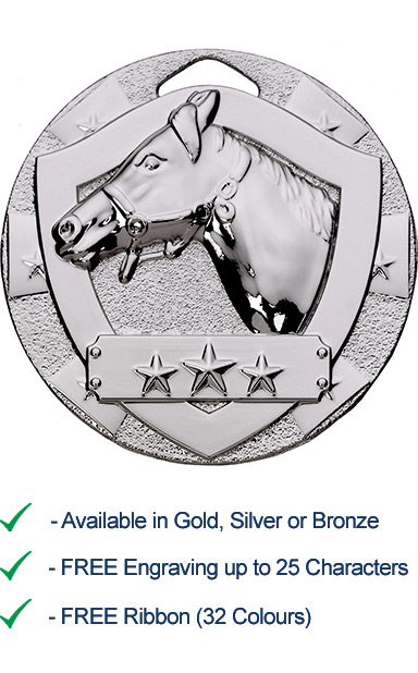 Silver Horse Shield Medal - Die Cast - 50mm - FREE RIBBON - G781