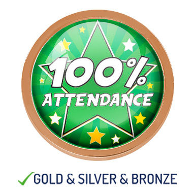 HIGH QUALITY METAL GREEN 100% ATTENDANCE STAR ROUND BADGE - 22mm