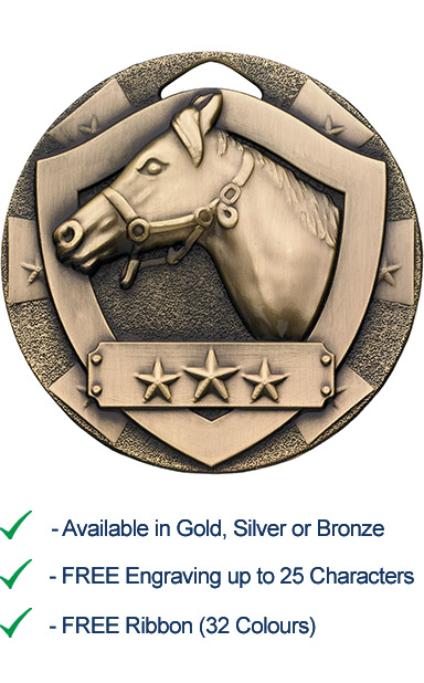 Bronze Horse Shield Medal - Die Cast - 50mm - FREE RIBBON - G782