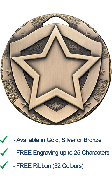 Bronze Star Shield Medal - Die Cast - 50mm - FREE RIBBON - G807
