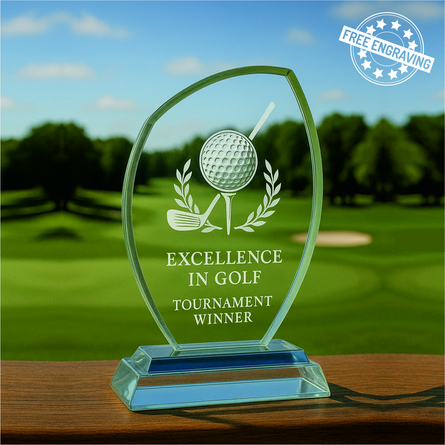 Tapered Oval Glass Award with Blue Stand - GL.029