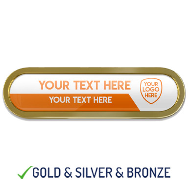 BESPOKE YOUR LOGO & TEXT METAL BAR BADGE- ORANGE - 45mm