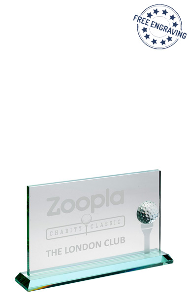 Small Jade Glass Rectangle Golf Award with Golf Ball and a Frosted Tee (12.7 x 20.3cm) - KG26A
