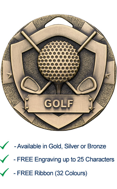 Bronze Golf Shield Medal - Die Cast - 50mm - FREE RIBBON - G772