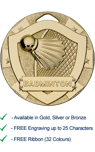 Gold Badminton Shield Medal - Die Cast - 50mm - FREE RIBBON - G820