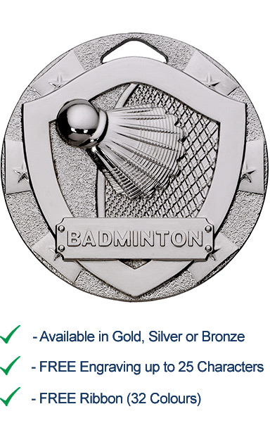 Silver Badminton Shield Medal - Die Cast - 50mm - FREE RIBBON - G821