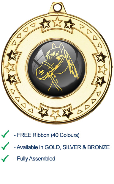 Gold Horses Head Medal with Ribbon - M69