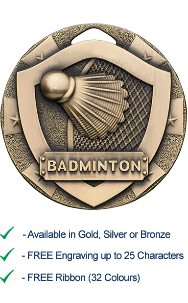 Bronze Badminton Shield Medal - Die Cast - 50mm - FREE RIBBON - G822