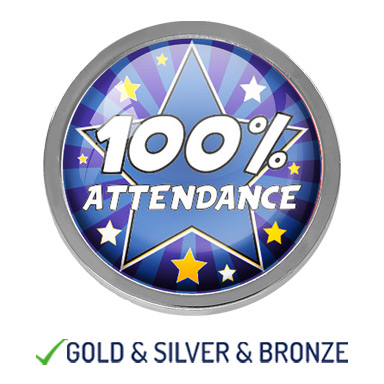 HIGH QUALITY METAL BLUE 100% ATTENDANCE ROUND BADGE - 22mm