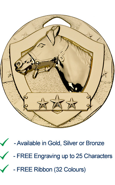 Gold Horse Shield Medal - Die Cast - 50mm - FREE RIBBON - G780