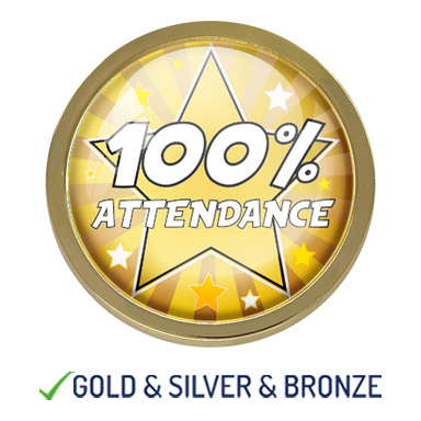 HIGH QUALITY METAL GOLD 100% ATTENDANCE STAR ROUND BADGE - 22mm