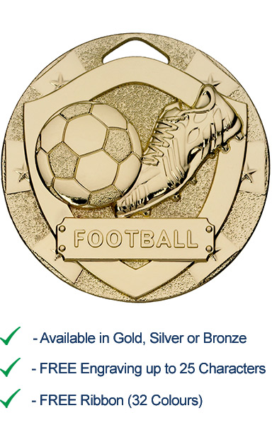 Gold Football Shield Medal - Die Cast - 50mm - FREE RIBBON - G765