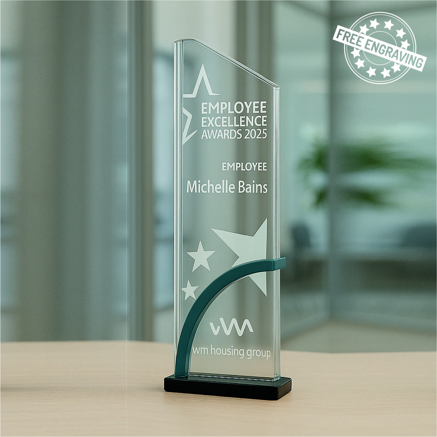 Colour Printed Rectangular Glass Award with Blue Stand - Presentation Box - W585.09