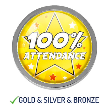 HIGH QUALITY METAL YELLOW 100% ATTENDANCE STAR ROUND BADGE - 22mm