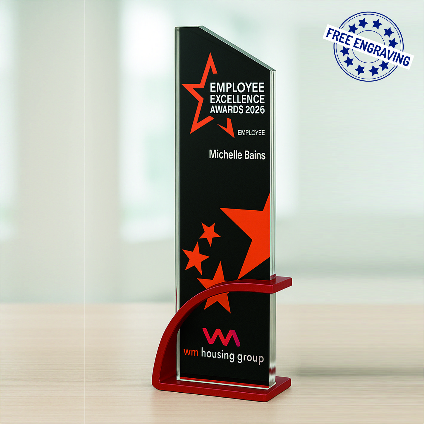  Colour Printed Rectangular Glass Award with Red Stand - Presentation Box - W585.08