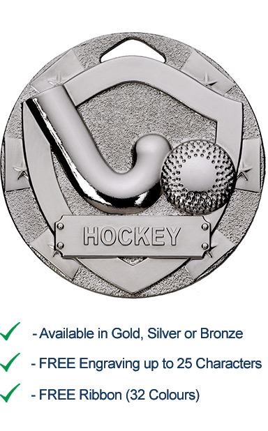 Silver Hockey Shield Medal - Die Cast - 50mm - FREE RIBBON - G776