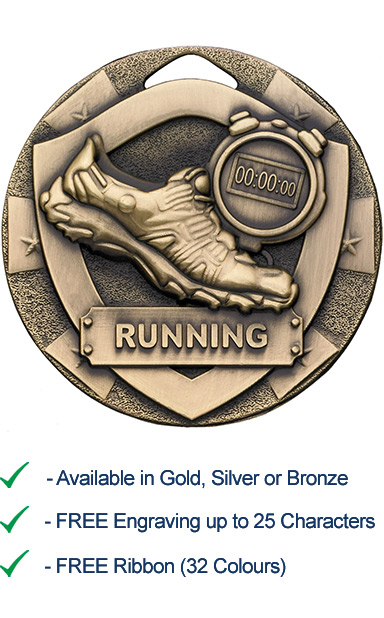 Bronze Running Shield Medal - Die Cast - 50mm - FREE RIBBON - G802