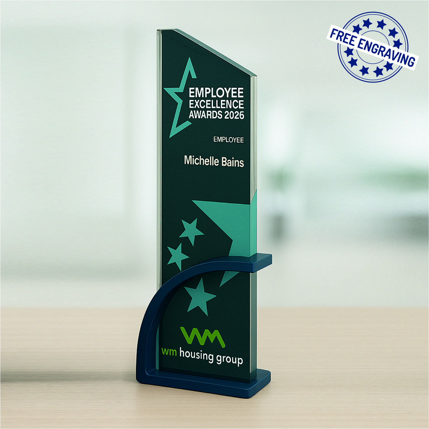 Colour Printed Rectangular Glass Award with Blue Stand - Presentation Box - W585.09