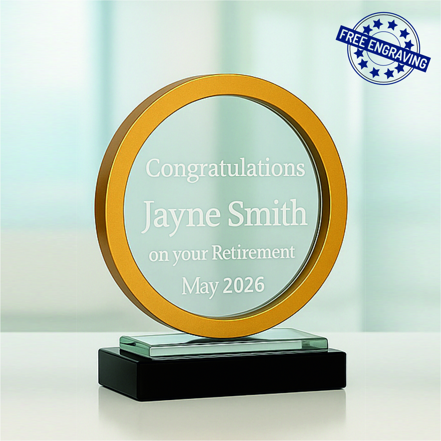 Metallic Gold Circular Glass Award - Presentation Box - W575.01