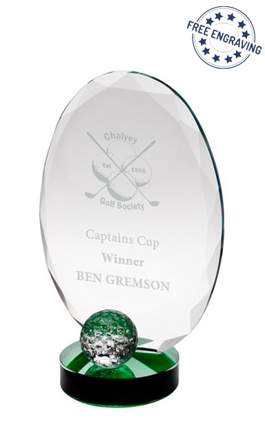 Medium Golf ball on Green Base Oval Glass Award (21cm) 8.25"- JB3100B