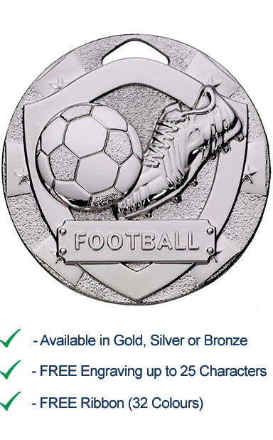 Silver Football Shield Medal - Die Cast - 50mm - FREE RIBBON - G766