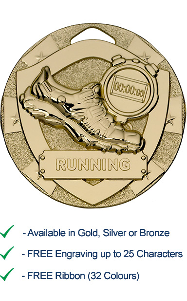Gold Running Shield Medal - Die Cast - 50mm - FREE RIBBON - G800