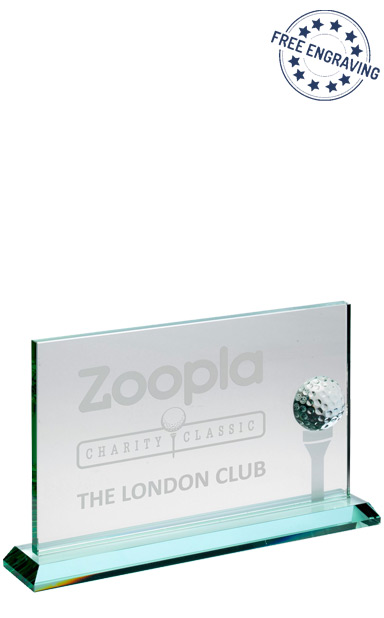 Large Jade Glass Rectangle Golf Award with Golf Ball and a Frosted Tee (17.8 x 27.9cm) - KG26C