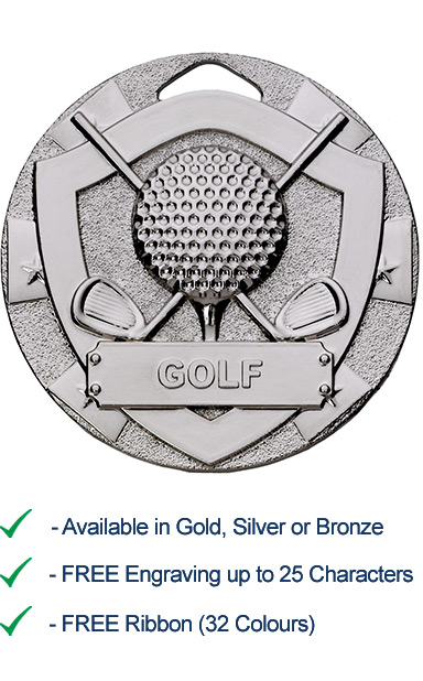 Silver Golf Shield Medal - Die Cast - 50mm - FREE RIBBON - G771
