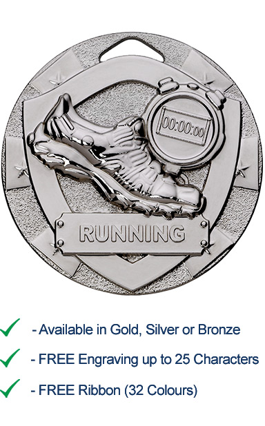 Silver Running Shield Medal - Die Cast - 50mm - FREE RIBBON - G801