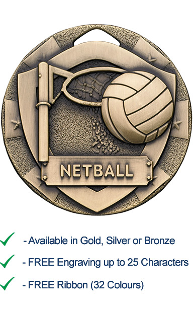 Bronze Netball Shield Medal - Die Cast - 50mm - FREE RIBBON - G792