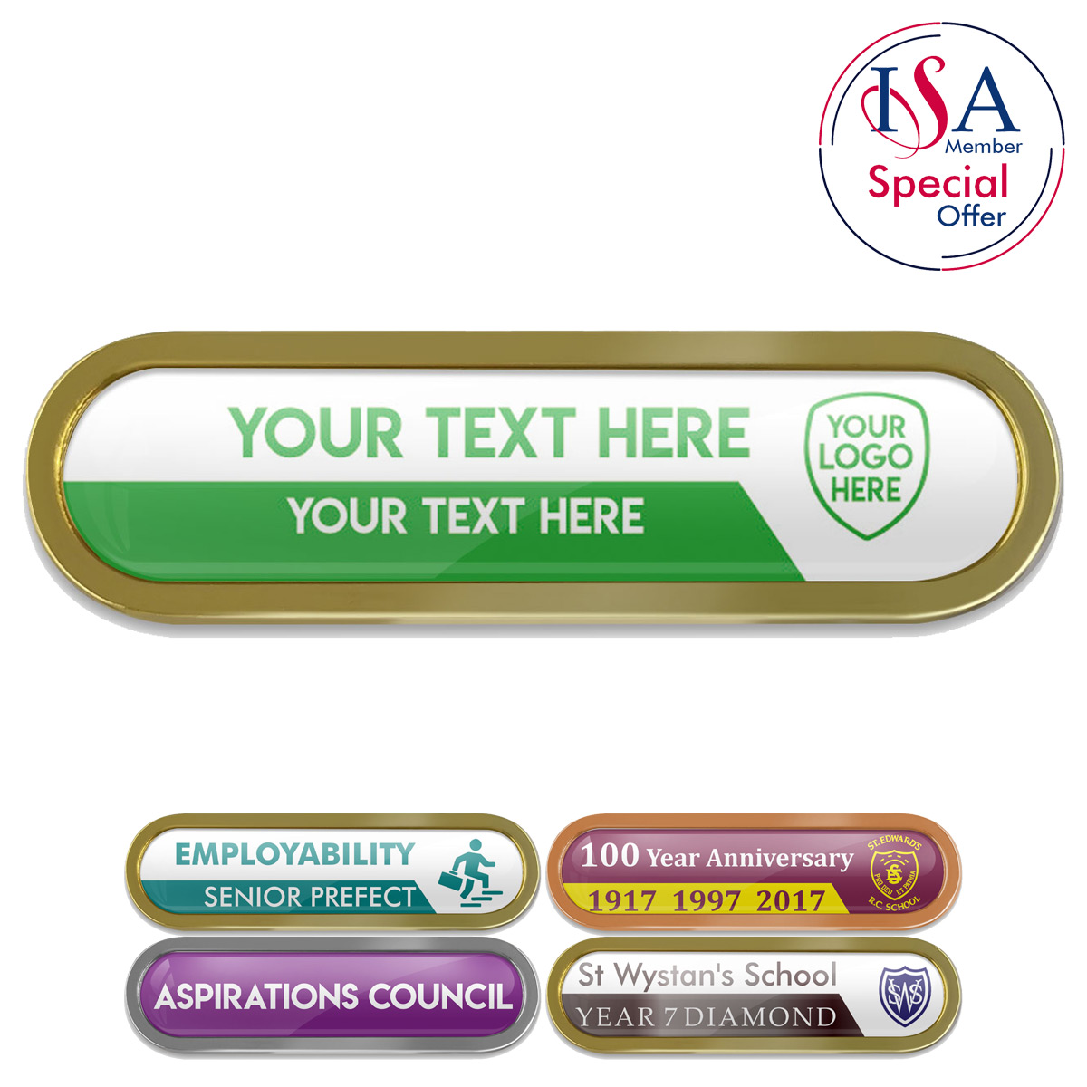 Gold ISA Personalised METAL BAR BADGE- 36mm