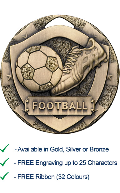 Bronze Football Shield Medal - Die Cast - 50mm - FREE RIBBON - G767