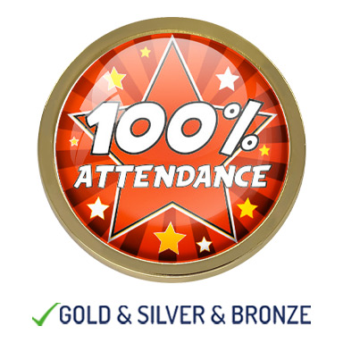 HIGH QUALITY METAL RED 100% ATTENDANCE STAR ROUND BADGE - 22mm