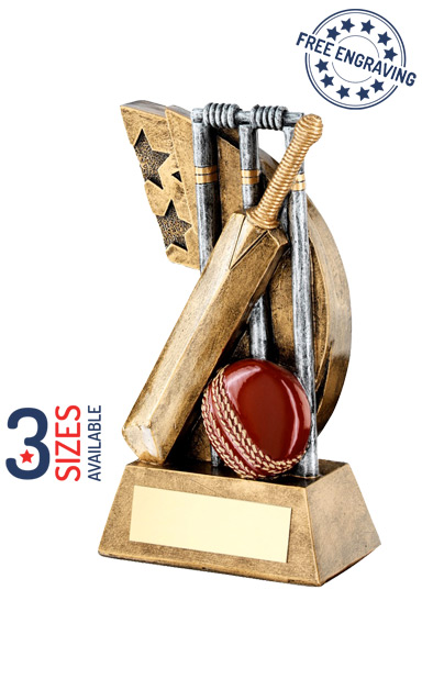 Cricket Bat, Ball and Stumps Star Swoosh Resin Trophy- RF626